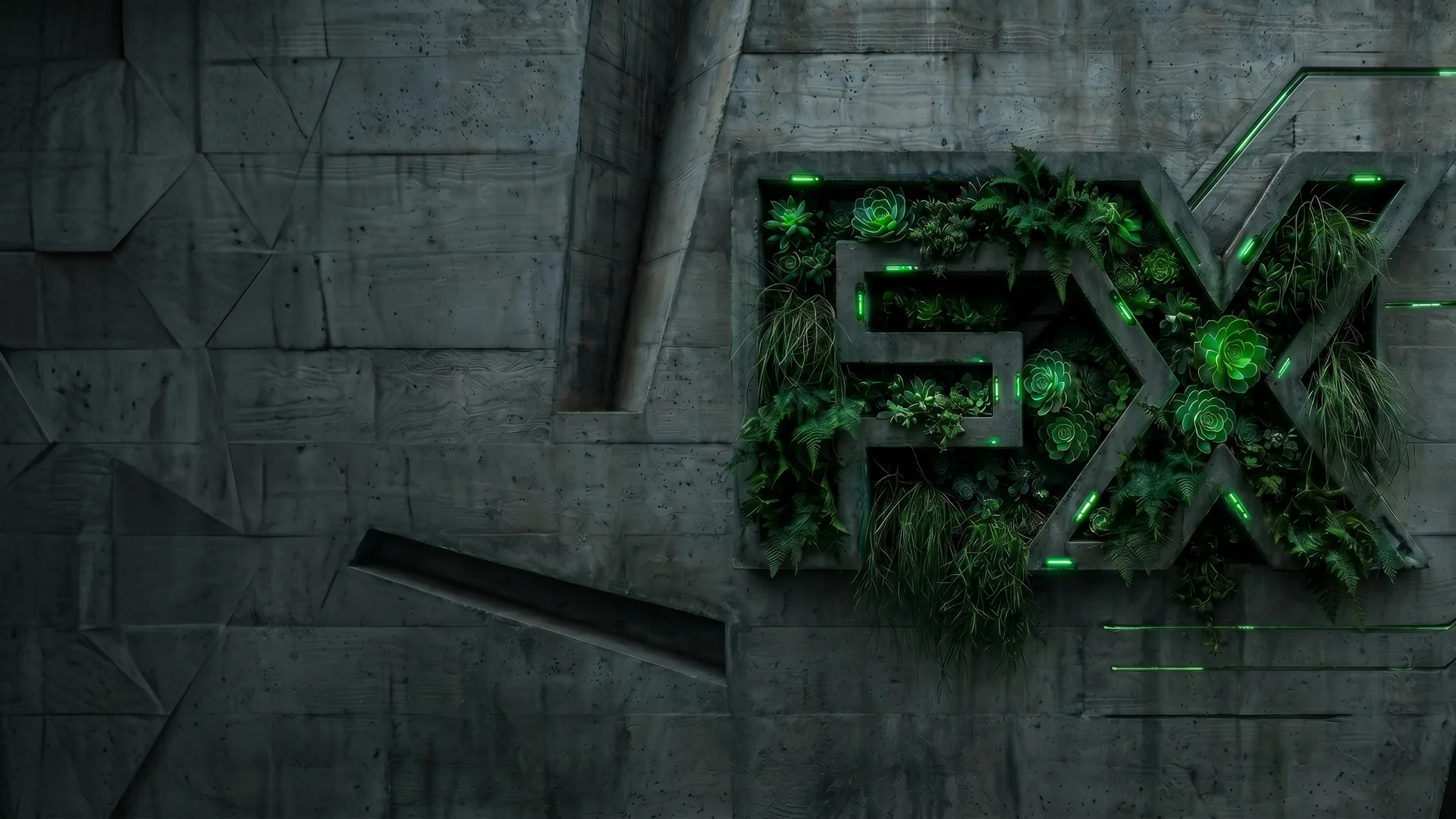 Estrutura FX com plantas integrada numa parede de bet&atilde;o, representando design e crescimento