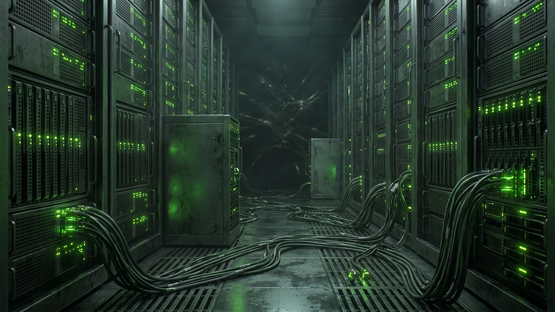 Corredor de servidores com luzes verdes, representando performance web